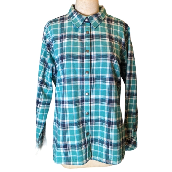 Orvis Plaid Flannel Shirt Jacket Blue Green Snap Button Up Cotton Women's XXL - Picture 1 of 9